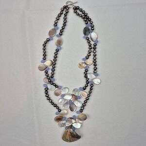 Artisan 2-Strand Necklace Freshwater Pearl Mother of Pearl Chalcedony 18" Beachy
